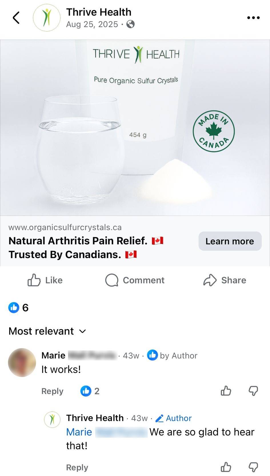 Marie's Facebook comment saying that the product works