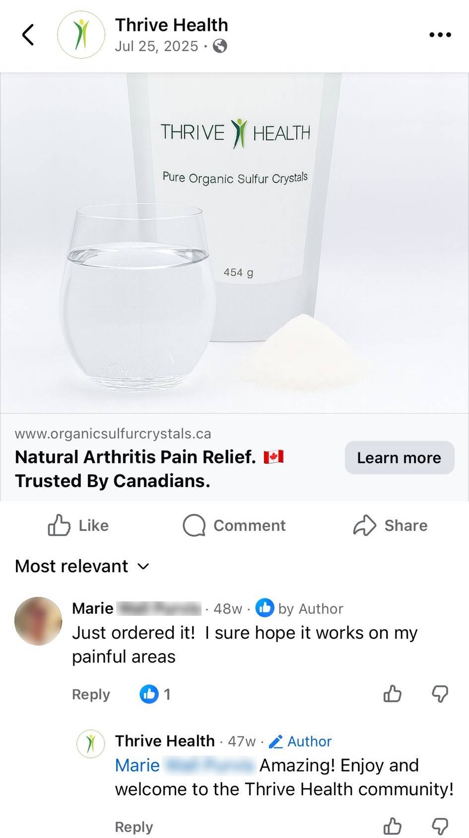 Marie's Facebook comment after ordering Pure Organic Sulfur Crystals